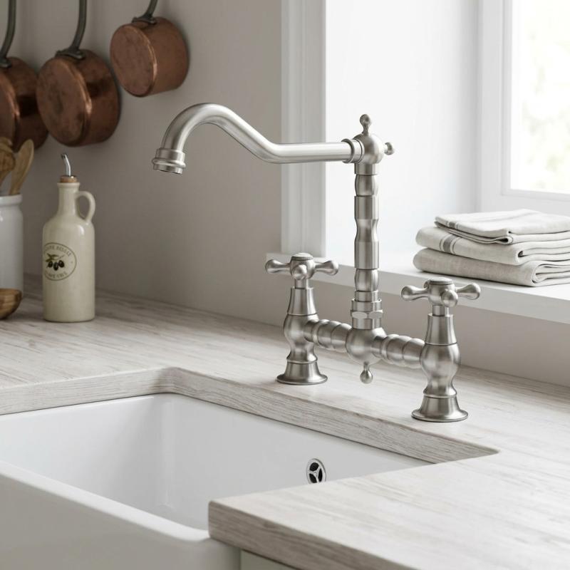 Aquanello Heritage Ascot Klassieke Keuken Nostalgische Brug Keukenkraan RVS met Kruishendels NB-0011-HM